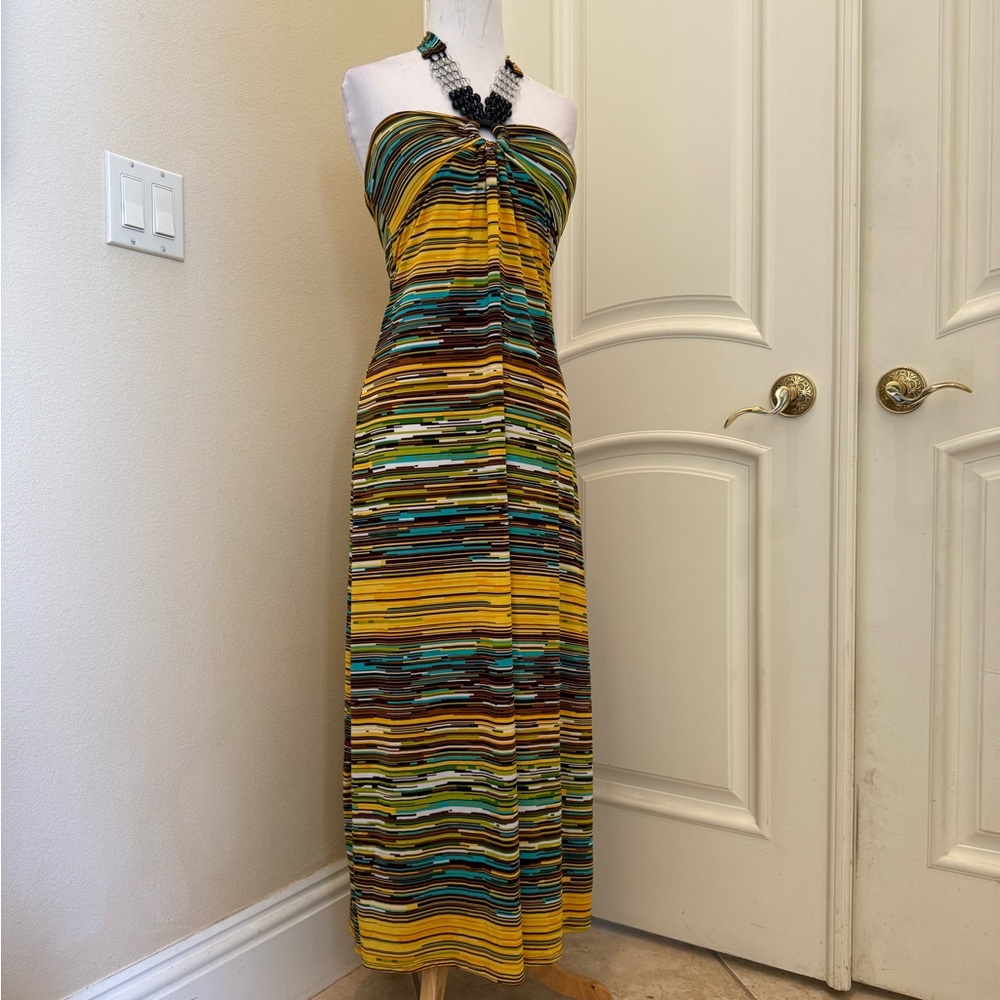 New - Fresh of LA  Gold and Green Halter Maxi Dress with beaded neckline